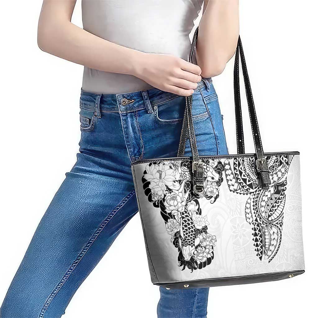 Japanese Irezumi and Hawaiian Polynesian Art Tattoo Leather Tote Bag White Color - Polynesian Pride