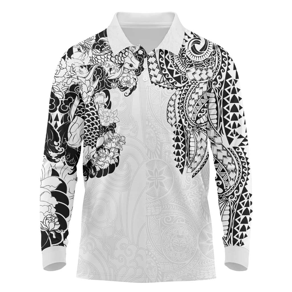 Japanese Irezumi and Hawaiian Polynesian Art Tattoo Long Sleeve Polo Shirt White Color - Polynesian Pride