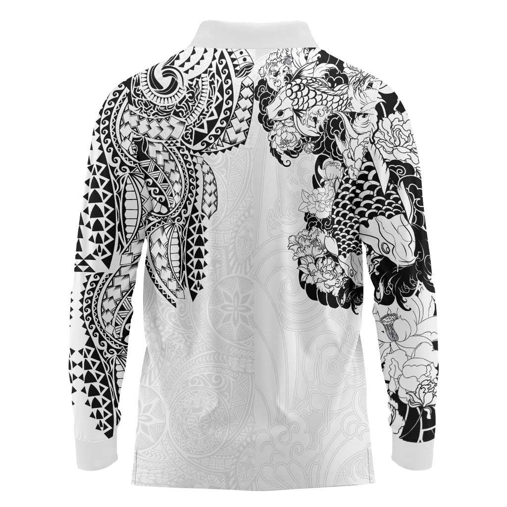 Japanese Irezumi and Hawaiian Polynesian Art Tattoo Long Sleeve Polo Shirt White Color - Polynesian Pride