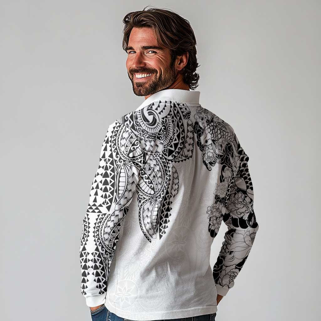 Japanese Irezumi and Hawaiian Polynesian Art Tattoo Long Sleeve Polo Shirt White Color - Polynesian Pride