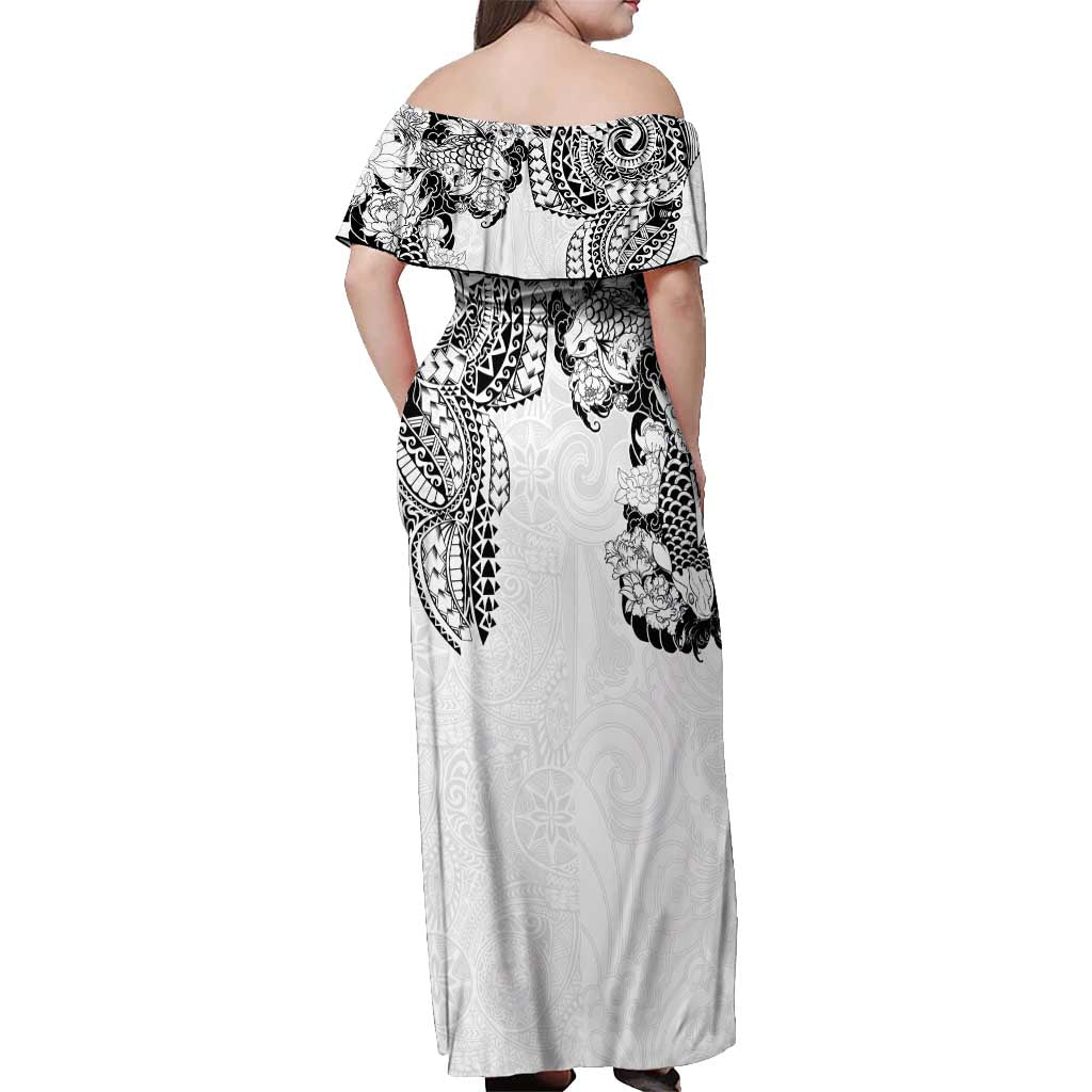 Japanese Irezumi and Hawaiian Polynesian Art Tattoo Off Shoulder Maxi Dress White Color - Polynesian Pride