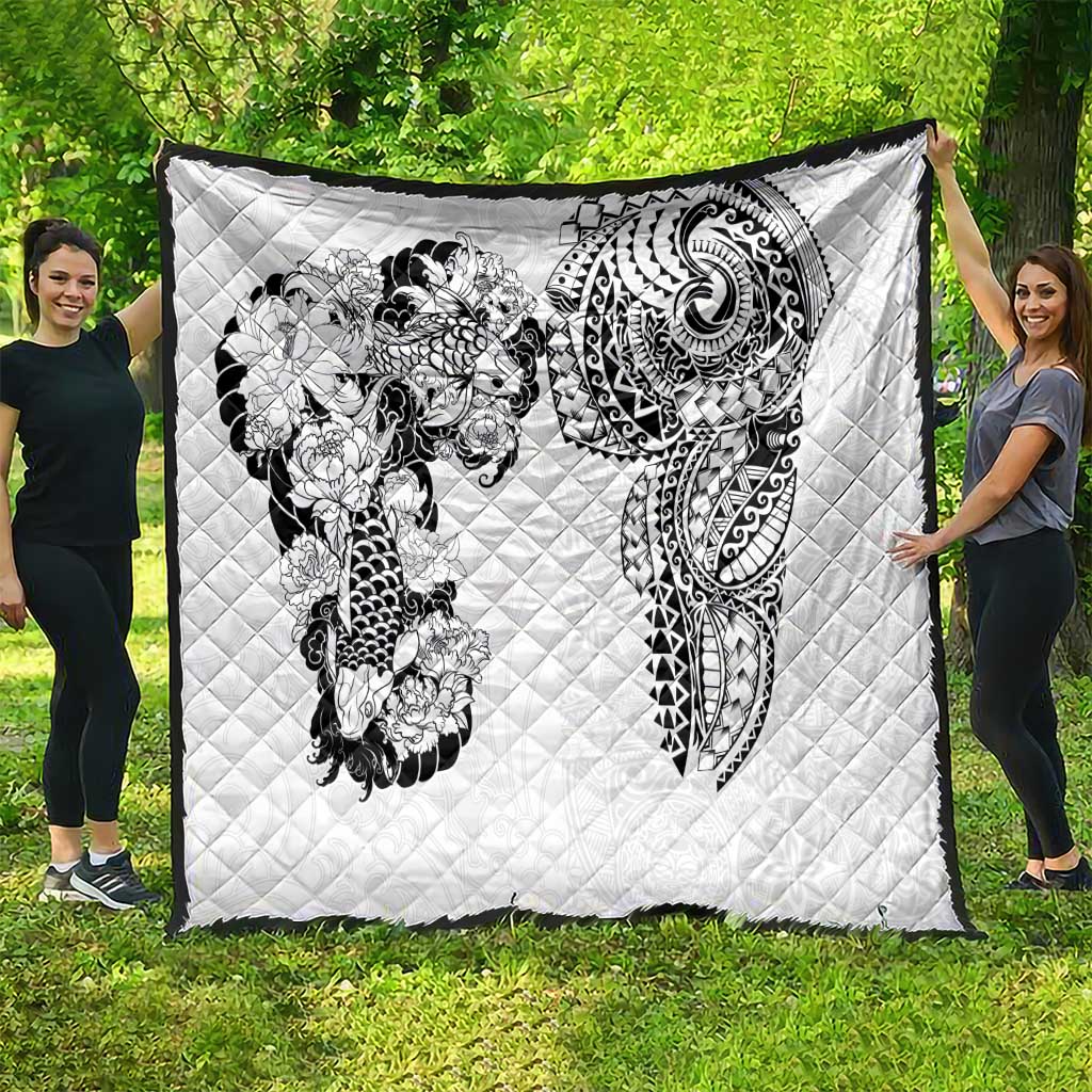 Japanese Irezumi and Hawaiian Polynesian Art Tattoo Quilt White Color - Polynesian Pride