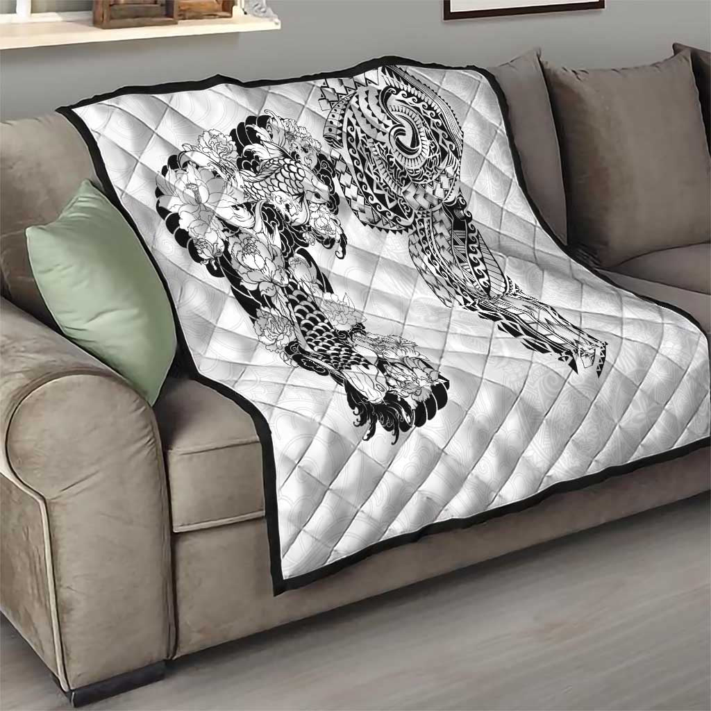 Japanese Irezumi and Hawaiian Polynesian Art Tattoo Quilt White Color - Polynesian Pride