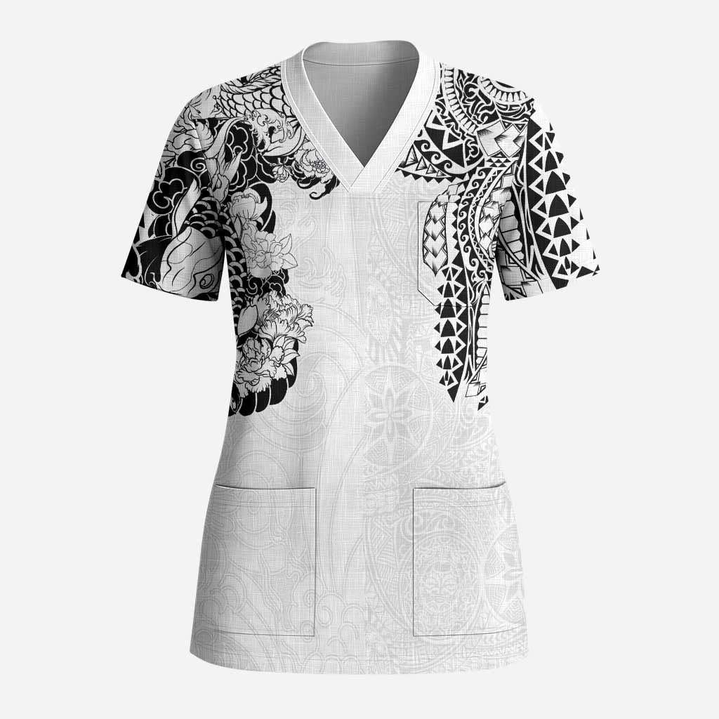 Japanese Irezumi and Hawaiian Polynesian Art Tattoo Scrub Top White Color LT03 Adult White - Polynesian Pride