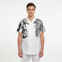 Japanese Irezumi and Hawaiian Polynesian Art Tattoo Scrub Top White Color - Polynesian Pride