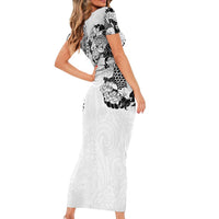 Japanese Irezumi and Hawaiian Polynesian Art Tattoo Short Sleeve Bodycon Dress White Color - Polynesian Pride