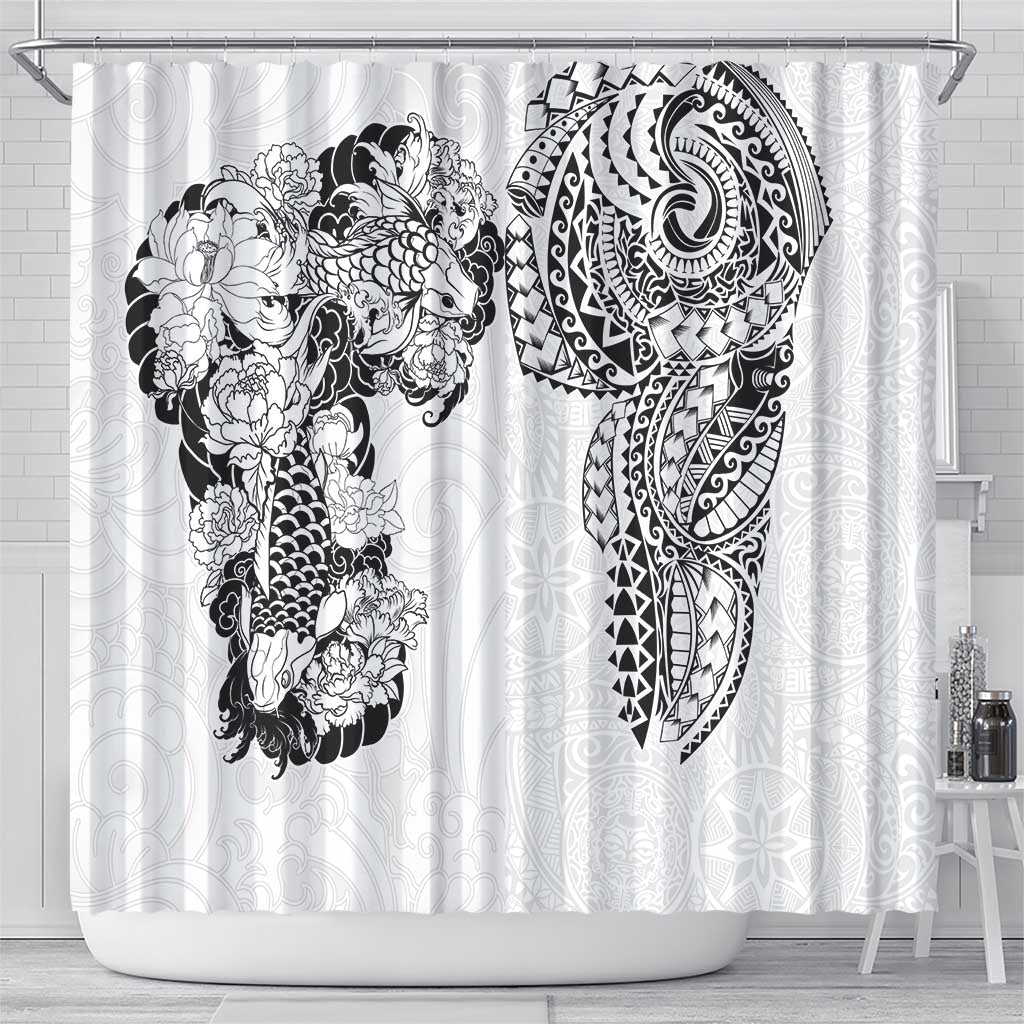 Japanese Irezumi and Hawaiian Polynesian Art Tattoo Shower Curtain White Color - Polynesian Pride
