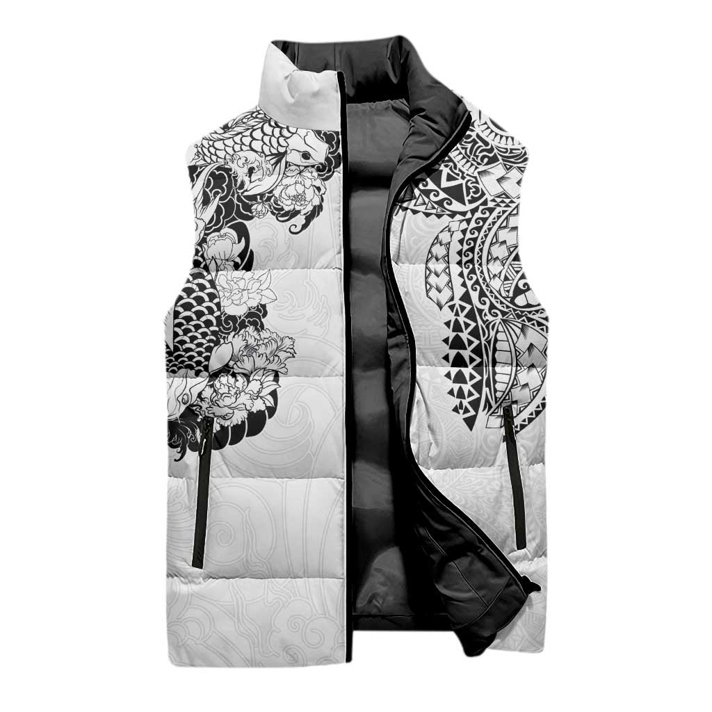 Japanese Irezumi and Hawaiian Polynesian Art Tattoo Sleeveless Puffer Jacket White Color - Polynesian Pride