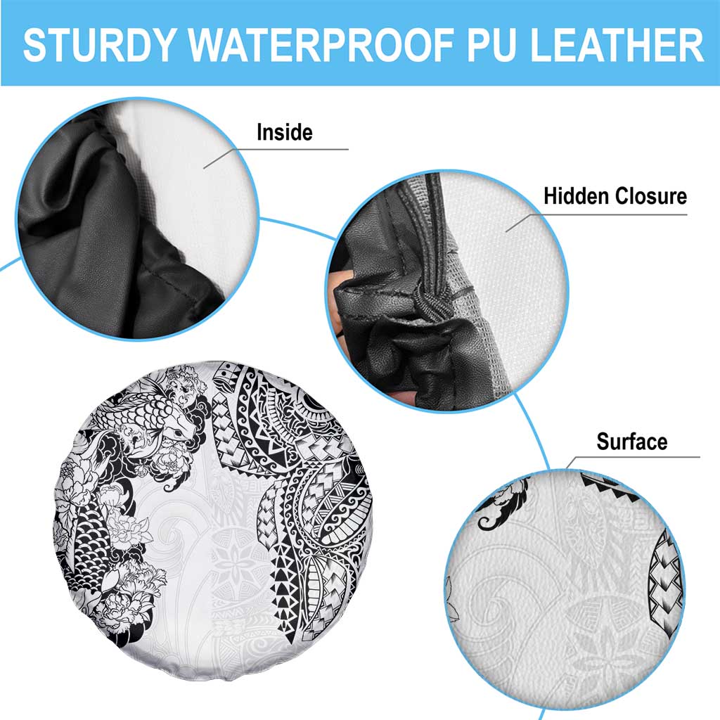 Japanese Irezumi and Hawaiian Polynesian Art Tattoo Spare Tire Cover White Color - Polynesian Pride