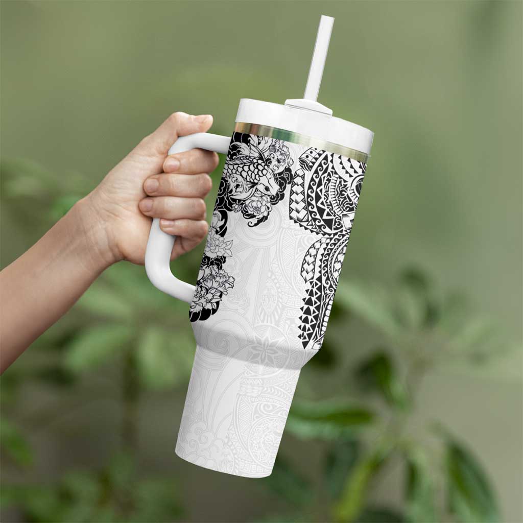Japanese Irezumi and Hawaiian Polynesian Art Tattoo Tumbler With Handle White Color - Polynesian Pride