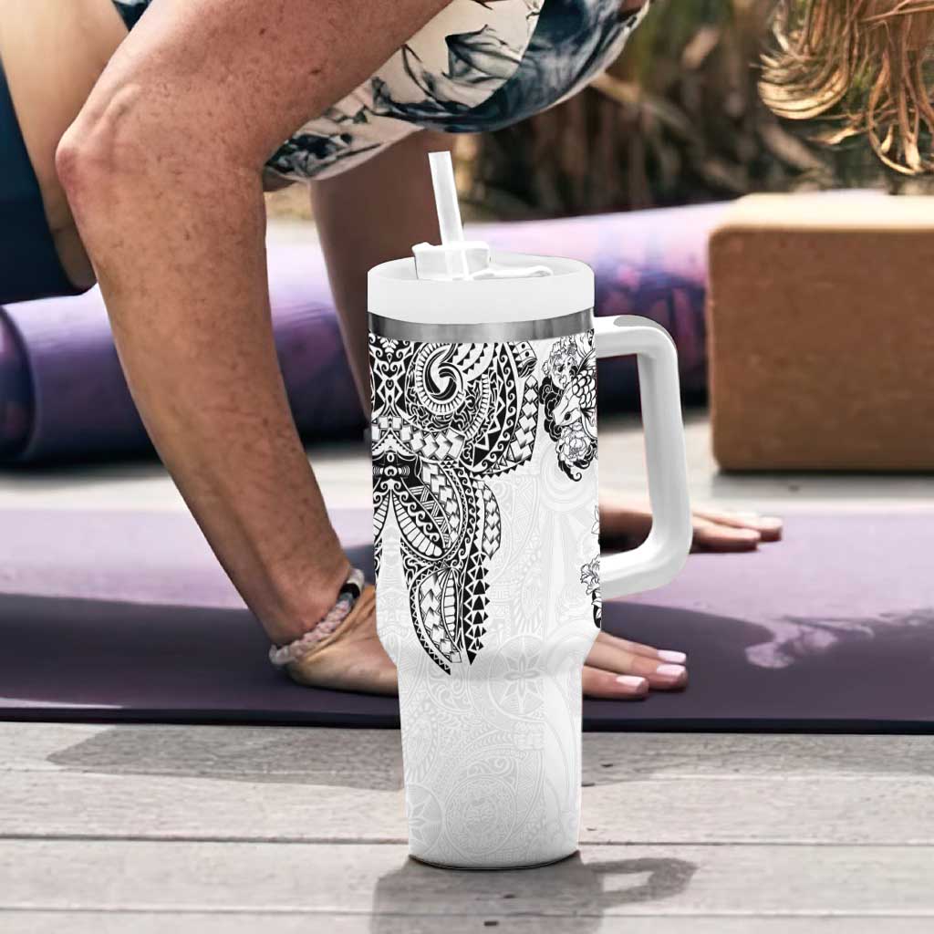 Japanese Irezumi and Hawaiian Polynesian Art Tattoo Tumbler With Handle White Color - Polynesian Pride