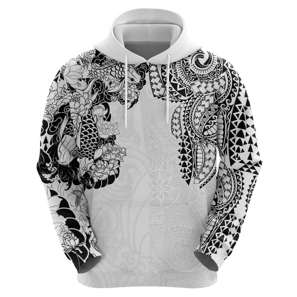 Japanese Irezumi and Hawaiian Polynesian Art Tattoo Zip Hoodie White Color - Polynesian Pride