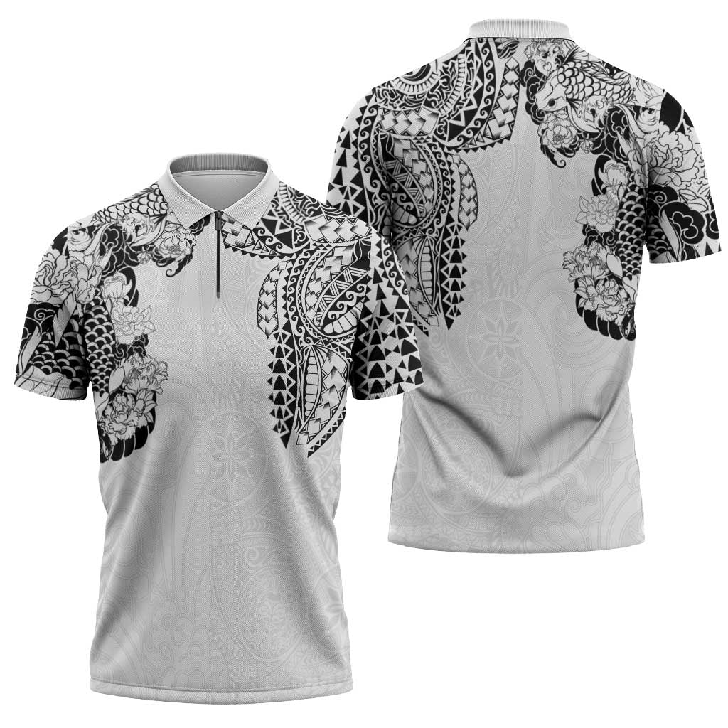 Japanese Irezumi and Hawaiian Polynesian Art Tattoo Zipper Polo Shirt White Color - Polynesian Pride