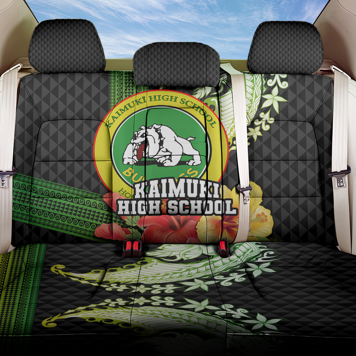 Hawaii Kaimuki High School Back Car Seat Cover Tribal Kakau Pattern Mix Hibiscus Flower LT03