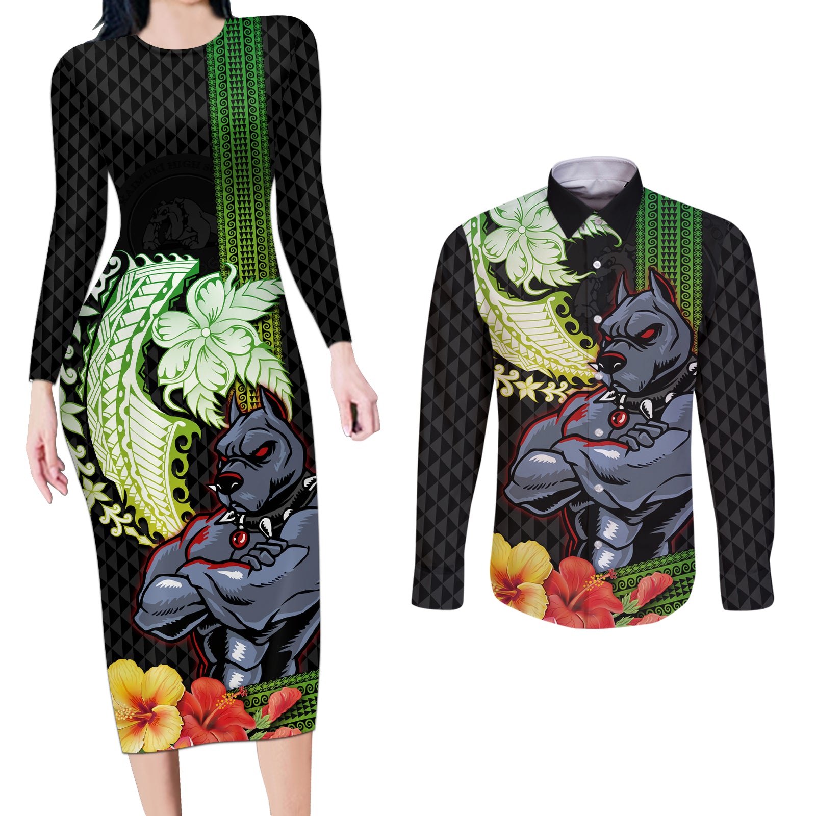 Hawaii Kaimuki High School Couples Matching Long Sleeve Bodycon Dress and Long Sleeve Button Shirt Tribal Kakau Pattern Mix Hibiscus Flower LT03 Black - Polynesian Pride