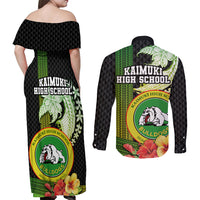 Hawaii Kaimuki High School Couples Matching Off Shoulder Maxi Dress and Long Sleeve Button Shirt Tribal Kakau Pattern Mix Hibiscus Flower LT03 - Polynesian Pride