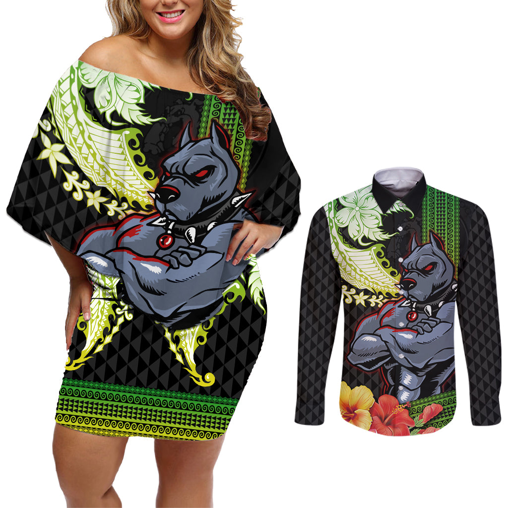 Hawaii Kaimuki High School Couples Matching Off Shoulder Short Dress and Long Sleeve Button Shirt Tribal Kakau Pattern Mix Hibiscus Flower LT03 Black - Polynesian Pride