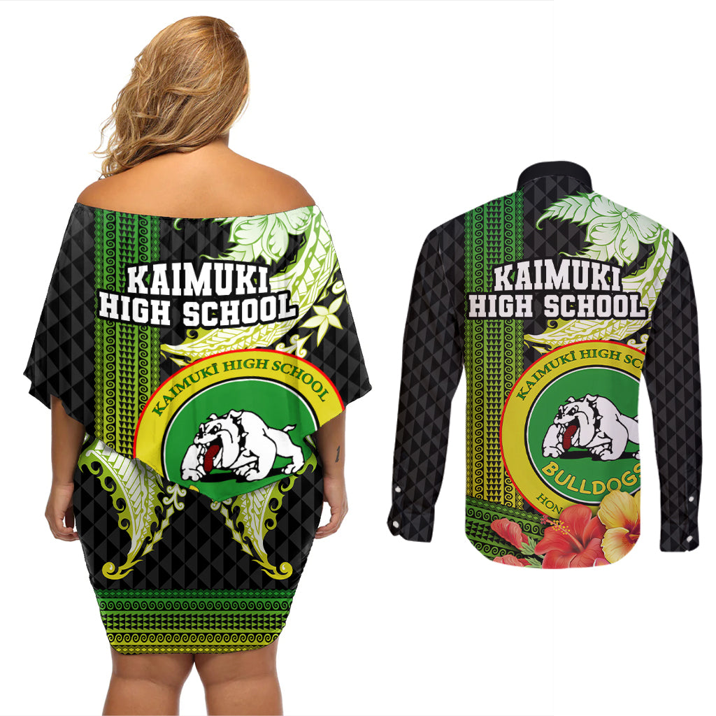 Hawaii Kaimuki High School Couples Matching Off Shoulder Short Dress and Long Sleeve Button Shirt Tribal Kakau Pattern Mix Hibiscus Flower LT03 - Polynesian Pride