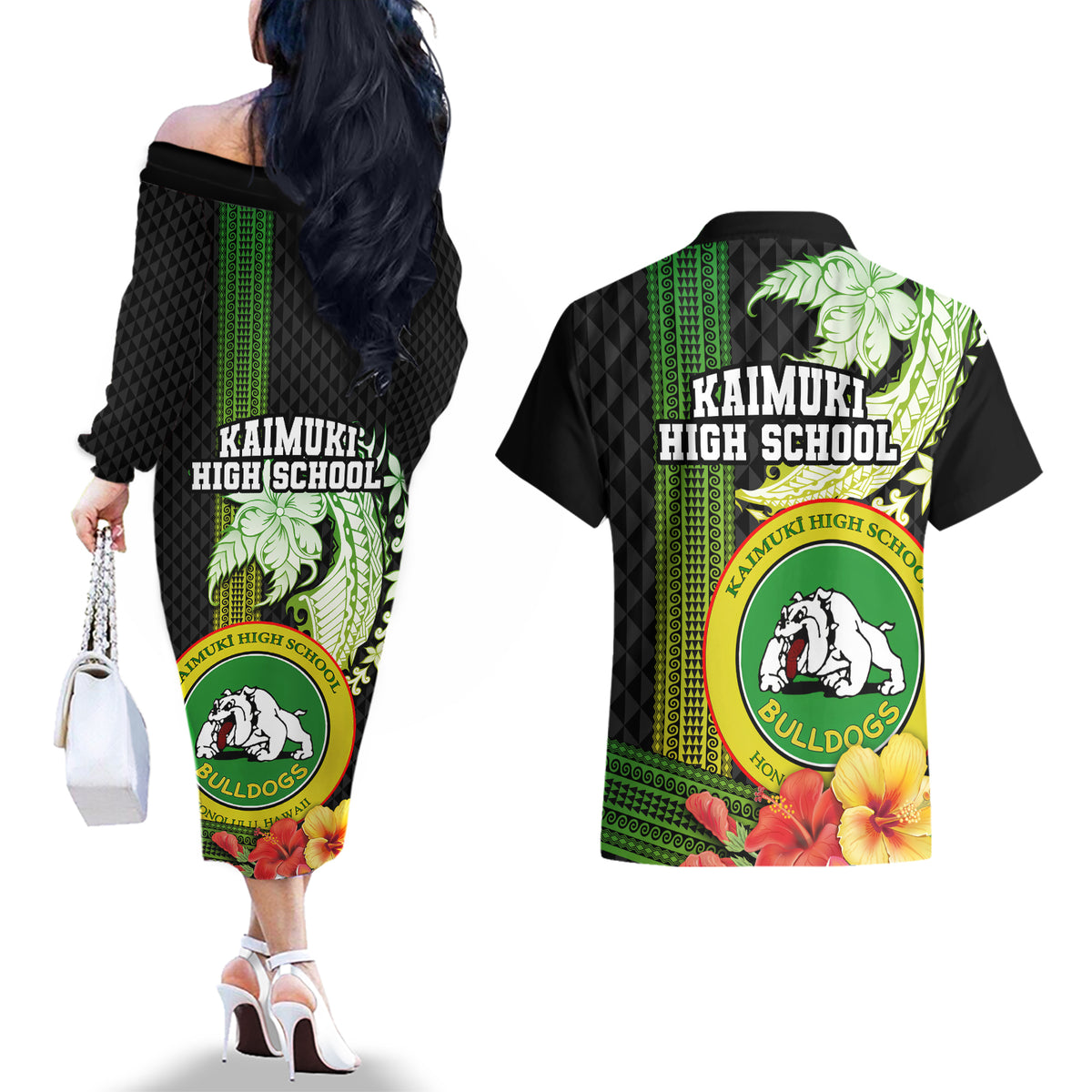 Hawaii Kaimuki High School Couples Matching Off The Shoulder Long Sleeve Dress and Hawaiian Shirt Tribal Kakau Pattern Mix Hibiscus Flower LT03 - Polynesian Pride
