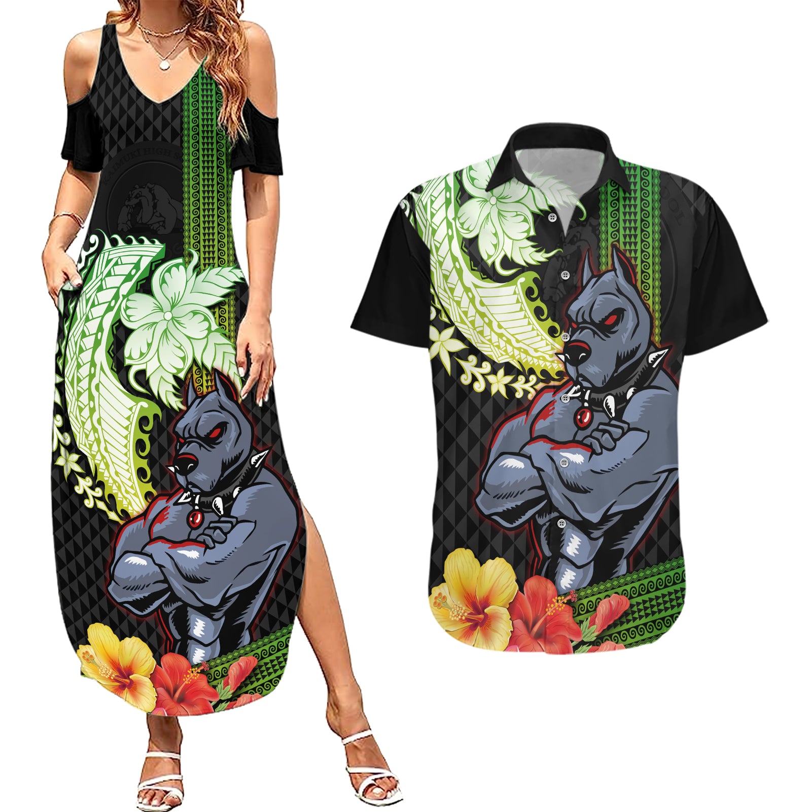 Hawaii Kaimuki High School Couples Matching Summer Maxi Dress and Hawaiian Shirt Tribal Kakau Pattern Mix Hibiscus Flower LT03 Black - Polynesian Pride
