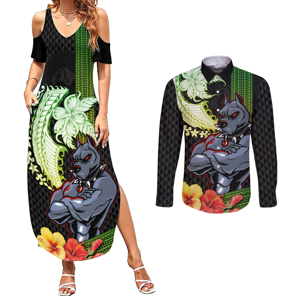 Hawaii Kaimuki High School Couples Matching Summer Maxi Dress and Long Sleeve Button Shirt Tribal Kakau Pattern Mix Hibiscus Flower LT03 Black - Polynesian Pride