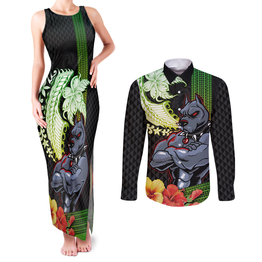 Hawaii Kaimuki High School Couples Matching Tank Maxi Dress and Long Sleeve Button Shirt Tribal Kakau Pattern Mix Hibiscus Flower LT03 Black - Polynesian Pride