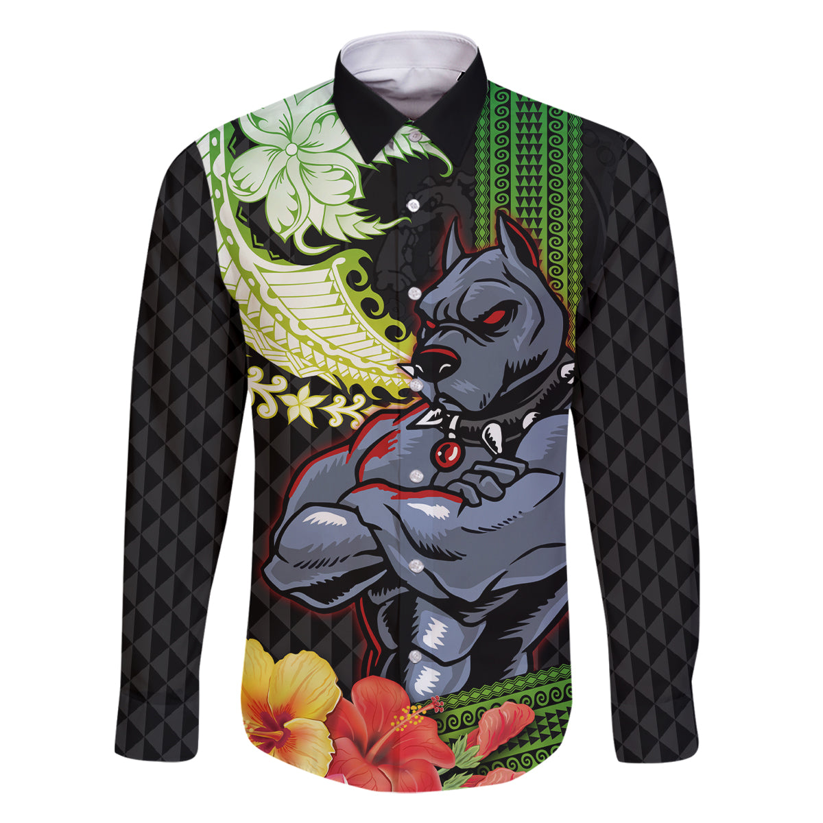 Hawaii Kaimuki High School Family Matching Tank Maxi Dress and Hawaiian Shirt Tribal Kakau Pattern Mix Hibiscus Flower LT03 Dad's Shirt - Long Sleeve Black - Polynesian Pride