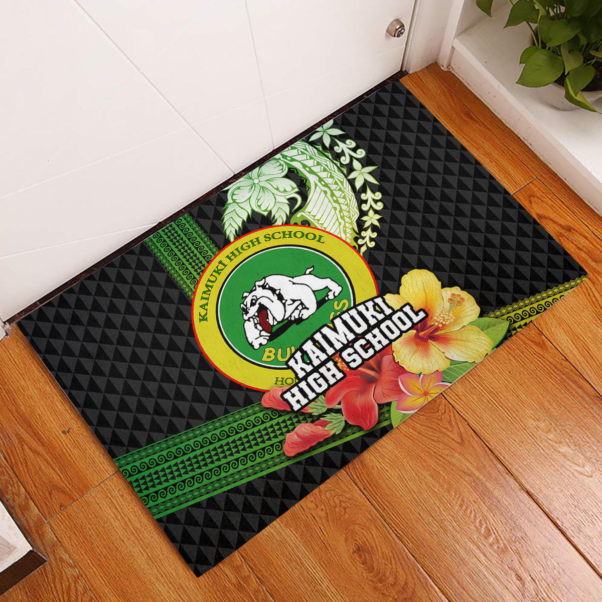 Hawaii Kaimuki High School Rubber Doormat Tribal Kakau Pattern Mix Hibiscus Flower LT03 Black - Polynesian Pride
