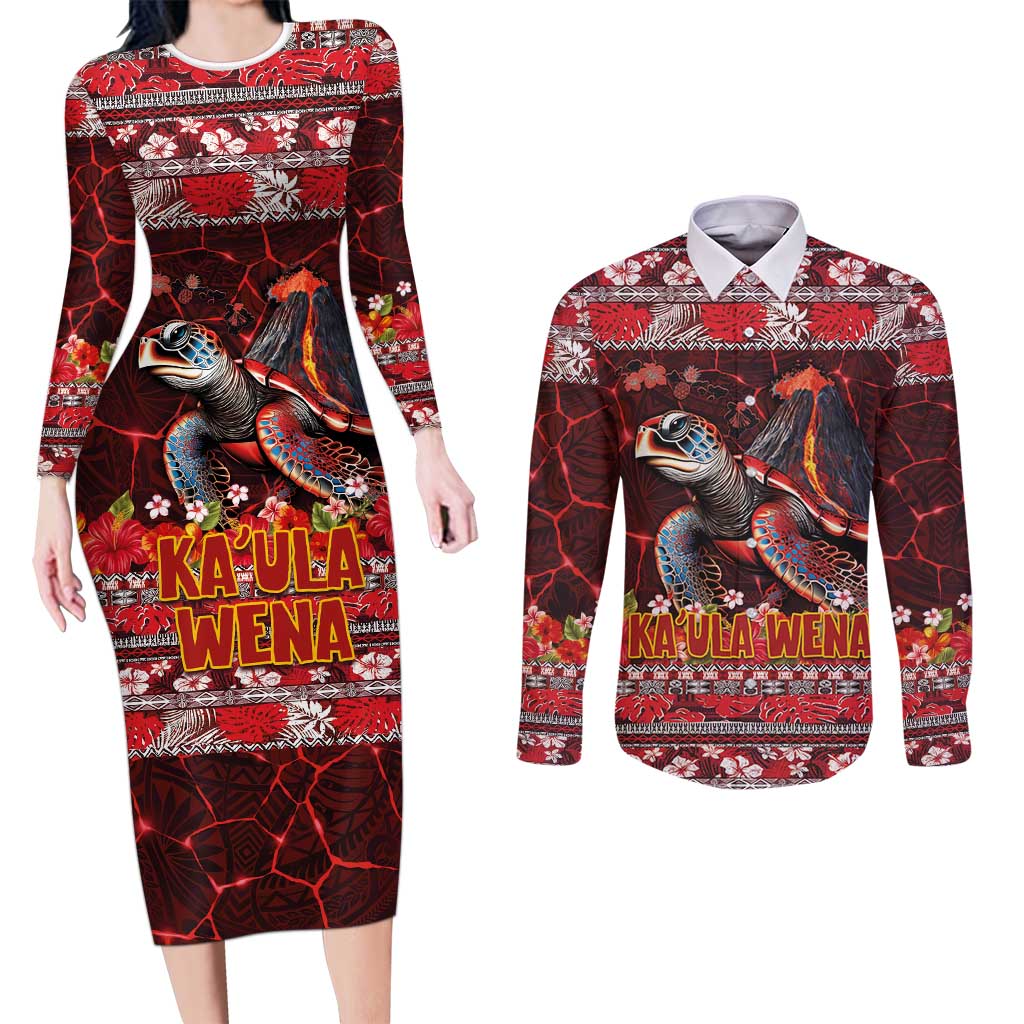 Hawaii KaUla Wena Volcano Turtle Couples Matching Long Sleeve Bodycon Dress and Long Sleeve Button Shirt Lava and Tropical Plants Tribal Pattern LT03 Red - Polynesian Pride