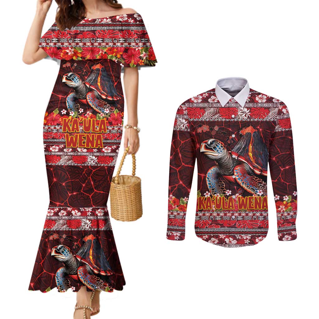 Hawaii KaUla Wena Volcano Turtle Couples Matching Mermaid Dress and Long Sleeve Button Shirt Lava and Tropical Plants Tribal Pattern LT03 Red - Polynesian Pride
