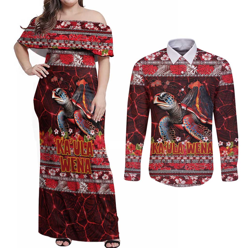 Hawaii KaUla Wena Volcano Turtle Couples Matching Off Shoulder Maxi Dress and Long Sleeve Button Shirt Lava and Tropical Plants Tribal Pattern LT03 Red - Polynesian Pride