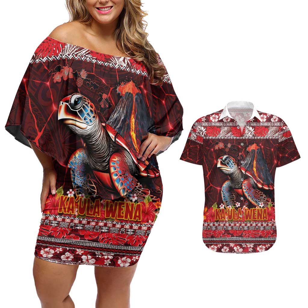 Hawaii KaUla Wena Volcano Turtle Couples Matching Off Shoulder Short Dress and Hawaiian Shirt Lava and Tropical Plants Tribal Pattern LT03 Red - Polynesian Pride