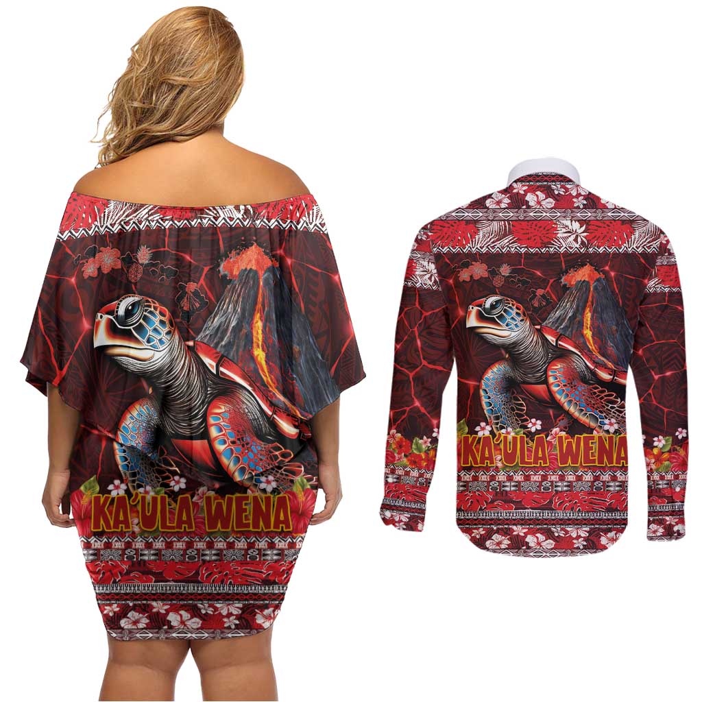 Hawaii KaʻUla Wena Volcano Turtle Couples Matching Off Shoulder Short Dress and Long Sleeve Button Shirt Lava and Tropical Plants Tribal Pattern