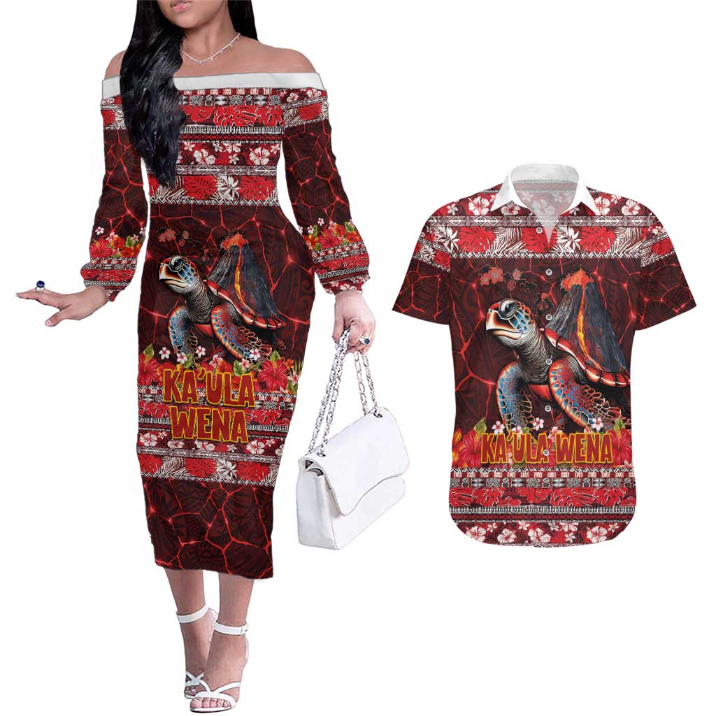 Hawaii KaUla Wena Volcano Turtle Couples Matching Off The Shoulder Long Sleeve Dress and Hawaiian Shirt Lava and Tropical Plants Tribal Pattern LT03 Red - Polynesian Pride