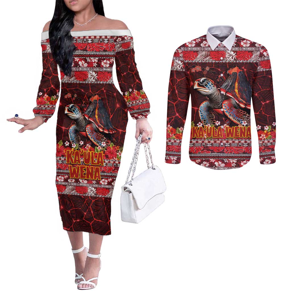 Hawaii KaUla Wena Volcano Turtle Couples Matching Off The Shoulder Long Sleeve Dress and Long Sleeve Button Shirt Lava and Tropical Plants Tribal Pattern LT03 Red - Polynesian Pride