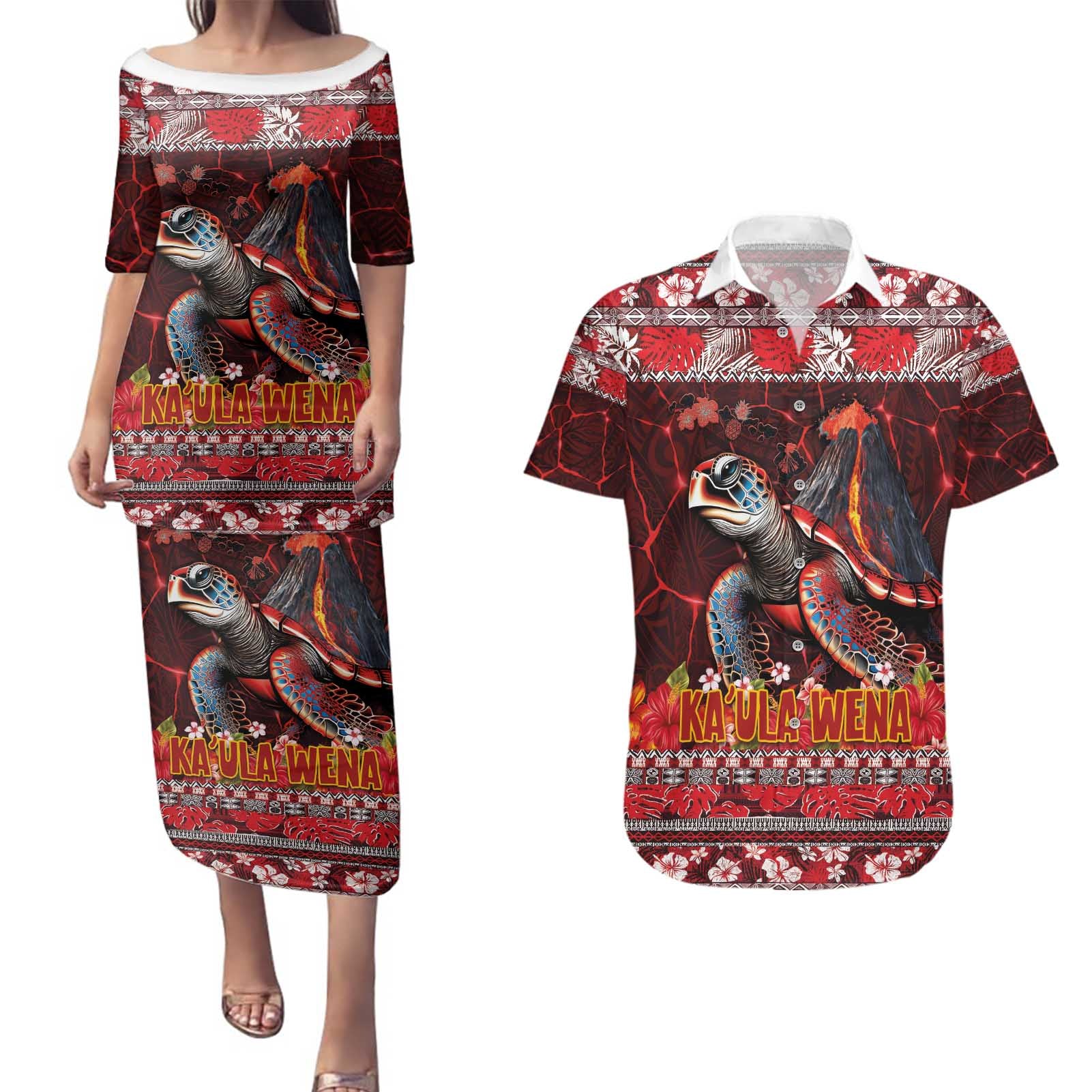 Hawaii KaʻUla Wena Volcano Turtle Couples Matching Puletasi and Hawaiian Shirt Lava and Tropical Plants Tribal Pattern