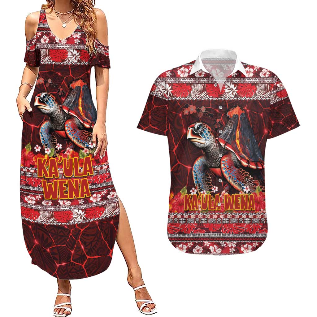 Hawaii KaUla Wena Volcano Turtle Couples Matching Summer Maxi Dress and Hawaiian Shirt Lava and Tropical Plants Tribal Pattern LT03 Red - Polynesian Pride