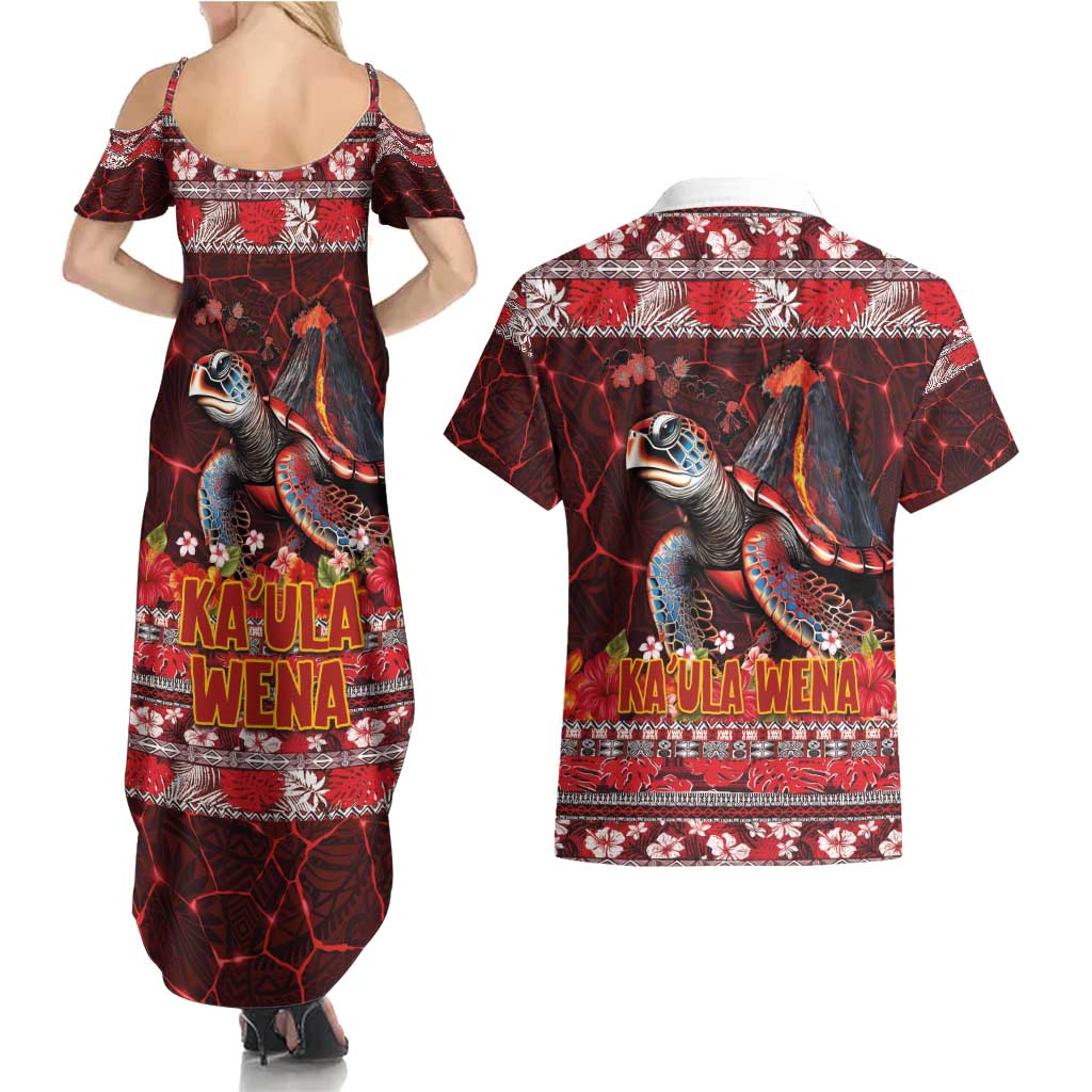 Hawaii KaʻUla Wena Volcano Turtle Couples Matching Summer Maxi Dress and Hawaiian Shirt Lava and Tropical Plants Tribal Pattern