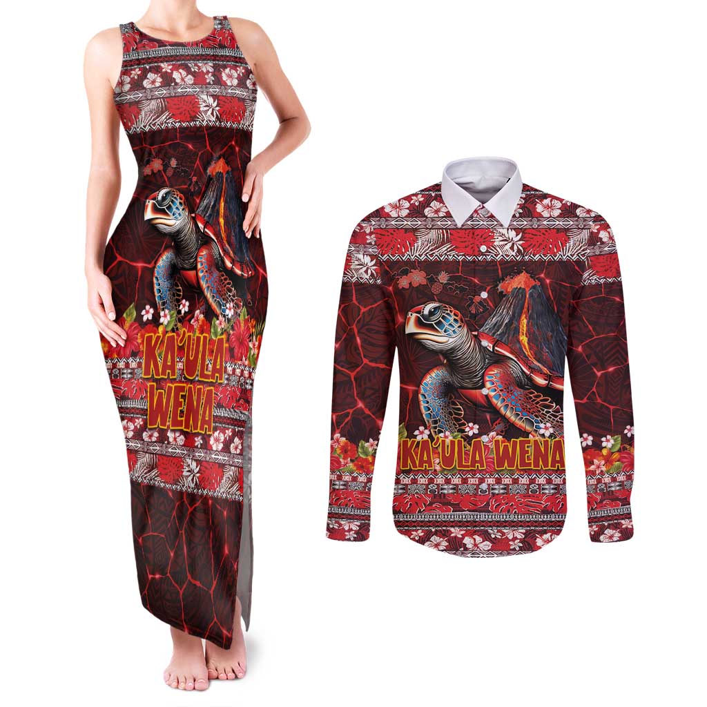 Hawaii KaUla Wena Volcano Turtle Couples Matching Tank Maxi Dress and Long Sleeve Button Shirt Lava and Tropical Plants Tribal Pattern LT03 Red - Polynesian Pride