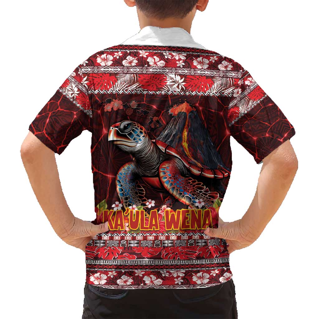 Hawaii KaʻUla Wena Volcano Turtle Family Matching Puletasi and Hawaiian Shirt Lava and Tropical Plants Tribal Pattern