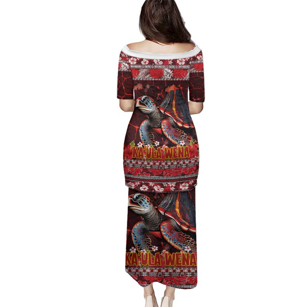 Hawaii KaʻUla Wena Volcano Turtle Family Matching Puletasi and Hawaiian Shirt Lava and Tropical Plants Tribal Pattern