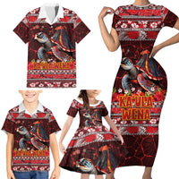 Hawaii KaʻUla Wena Volcano Turtle Family Matching Short Sleeve Bodycon Dress and Hawaiian Shirt Lava and Tropical Plants Tribal Pattern