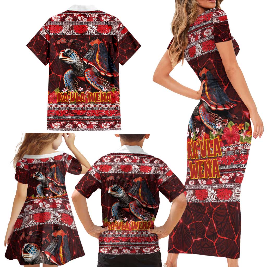 Hawaii KaʻUla Wena Volcano Turtle Family Matching Short Sleeve Bodycon Dress and Hawaiian Shirt Lava and Tropical Plants Tribal Pattern