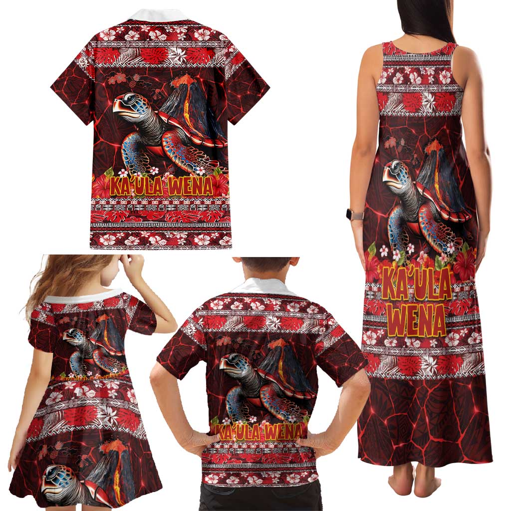 Hawaii KaʻUla Wena Volcano Turtle Family Matching Tank Maxi Dress and Hawaiian Shirt Lava and Tropical Plants Tribal Pattern
