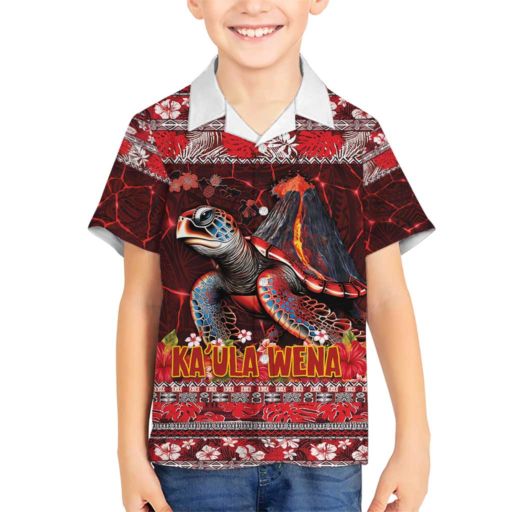 Hawaii KaUla Wena Volcano Turtle Kid Hawaiian Shirt Lava and Tropical Plants Tribal Pattern LT03 Kid Red - Polynesian Pride
