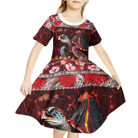 Hawaii KaʻUla Wena Volcano Turtle Kid Short Sleeve Dress Lava and Tropical Plants Tribal Pattern