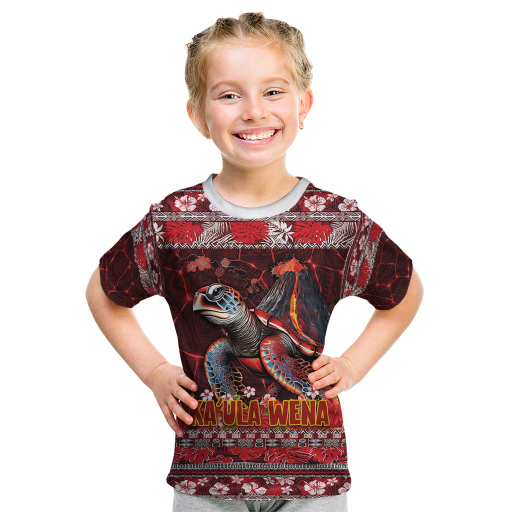 Hawaii KaUla Wena Volcano Turtle Kid T Shirt Lava and Tropical Plants Tribal Pattern LT03 Red - Polynesian Pride