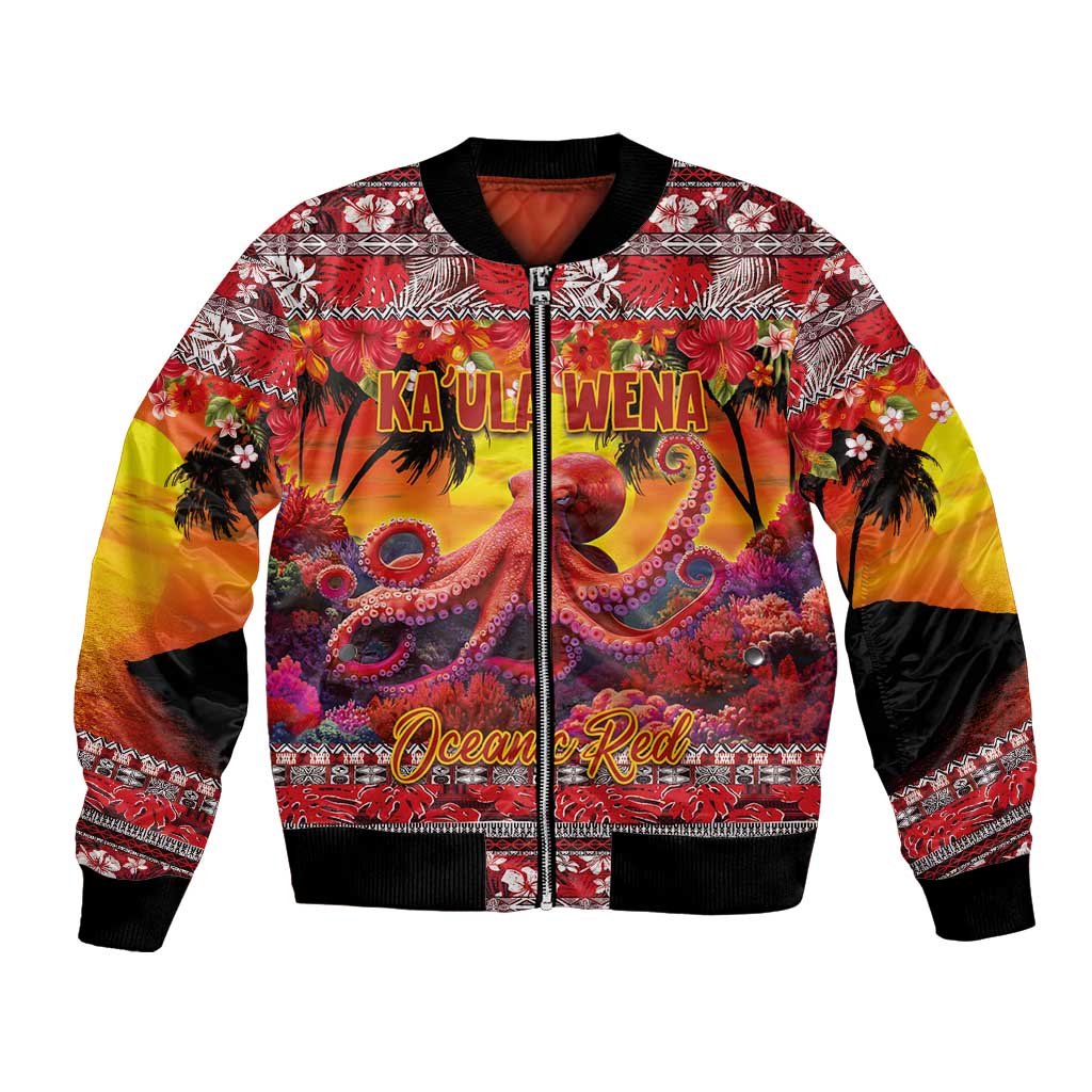 Hawaii KaUla Wena Octopus Bomber Jacket Oceanic Red with Corals and Tropical On Sunset Landscape LT03 Unisex Red - Polynesian Pride