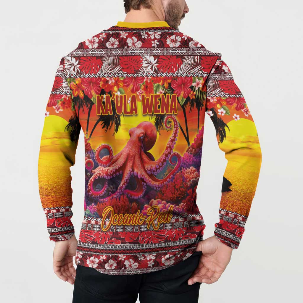 Hawaii KaʻUla Wena Octopus Button Sweatshirt Oceanic Red with Corals and Tropical On Sunset Landscape