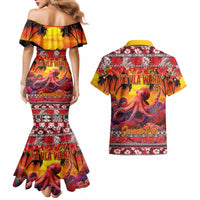 Hawaii KaʻUla Wena Octopus Couples Matching Mermaid Dress and Hawaiian Shirt Oceanic Red with Corals and Tropical On Sunset Landscape